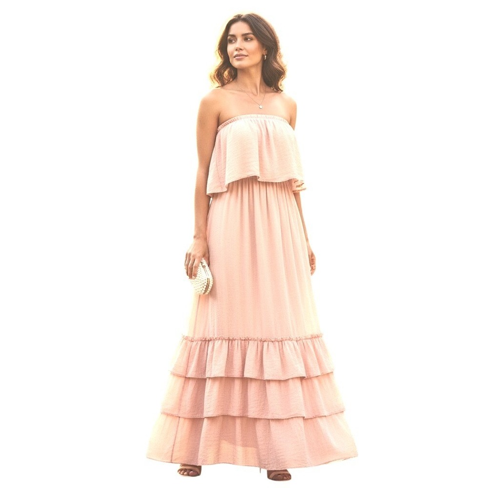 Listicle Peach Cream Strapless Smocked Tiered Midi Dress Ruffle Boho Sundress M